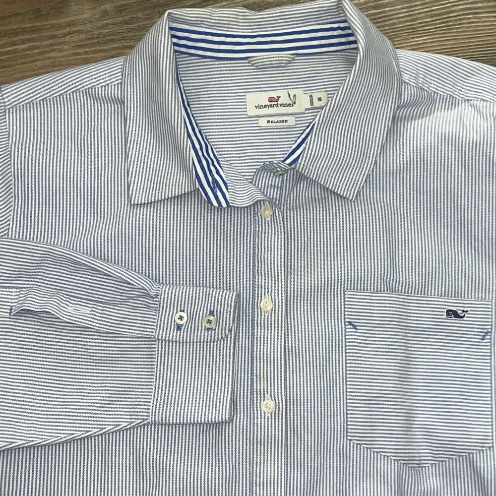 Vineyard Vines Boys Size XL 18 Blue Striped Cotton Button-Up Shirt